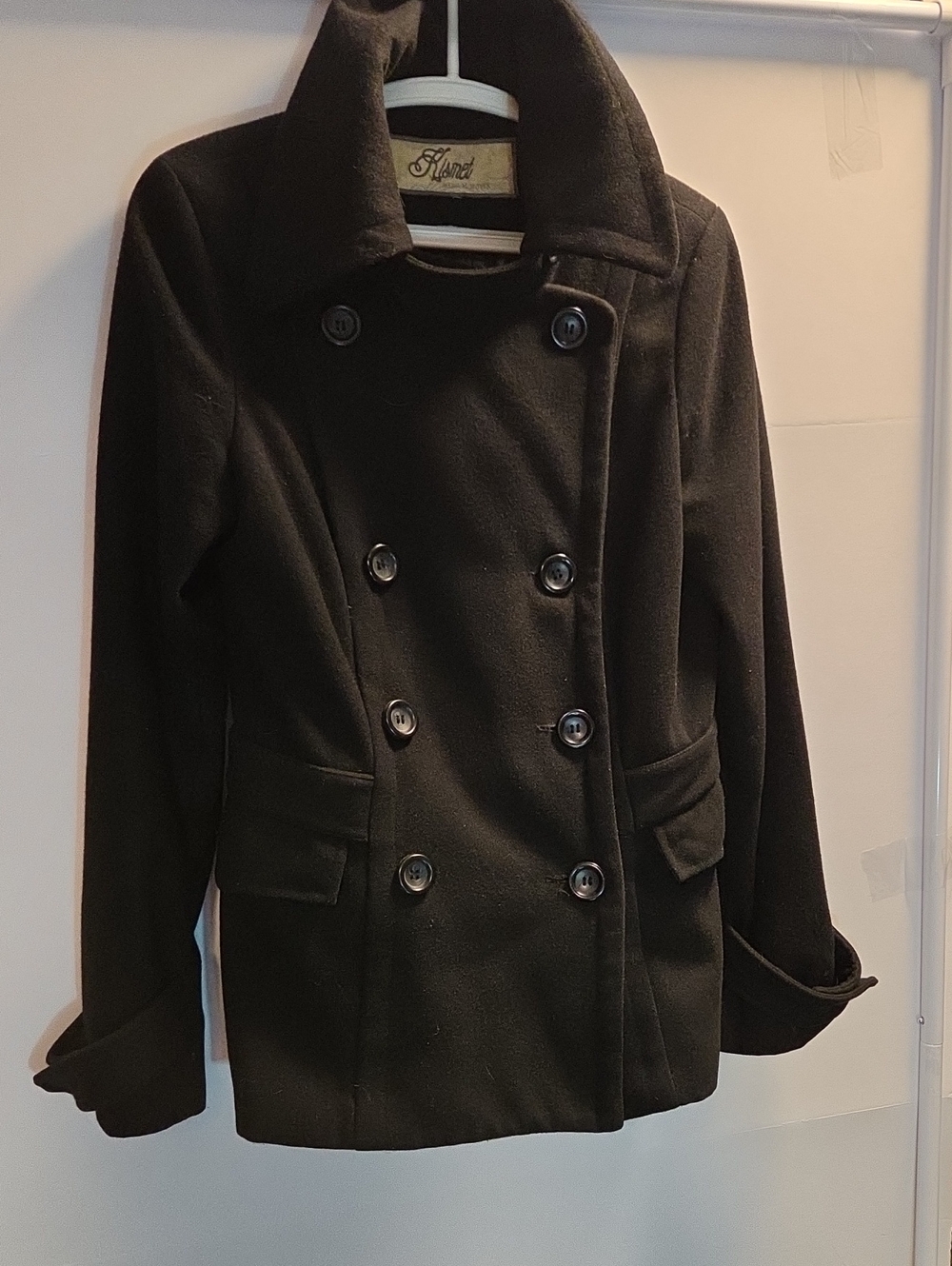 Kismet Black Double-Breasted Wool Blend Pea Coat Size M